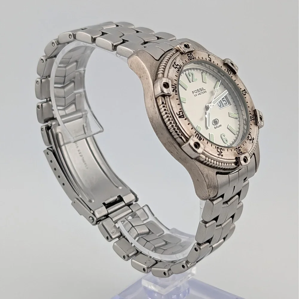 Fossil Blue AM-3252 Big Date SS Diver Watch Rotating Bezel Lume 40mm 8